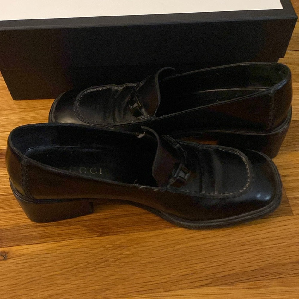 Gucci Women’s Black Horsebit Block Heel Loafers Size 37.5