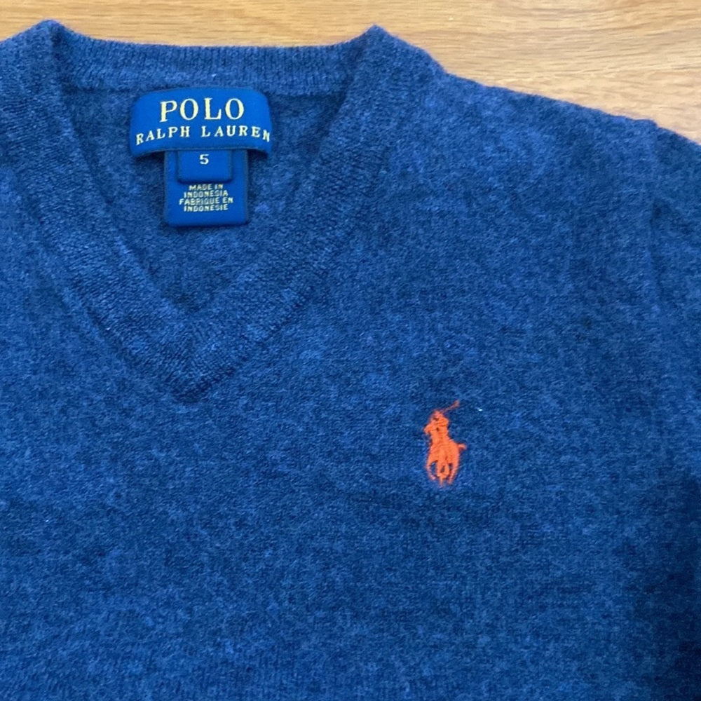 Boys Polo by Ralph Lauren V neck blue sweater. Size 5