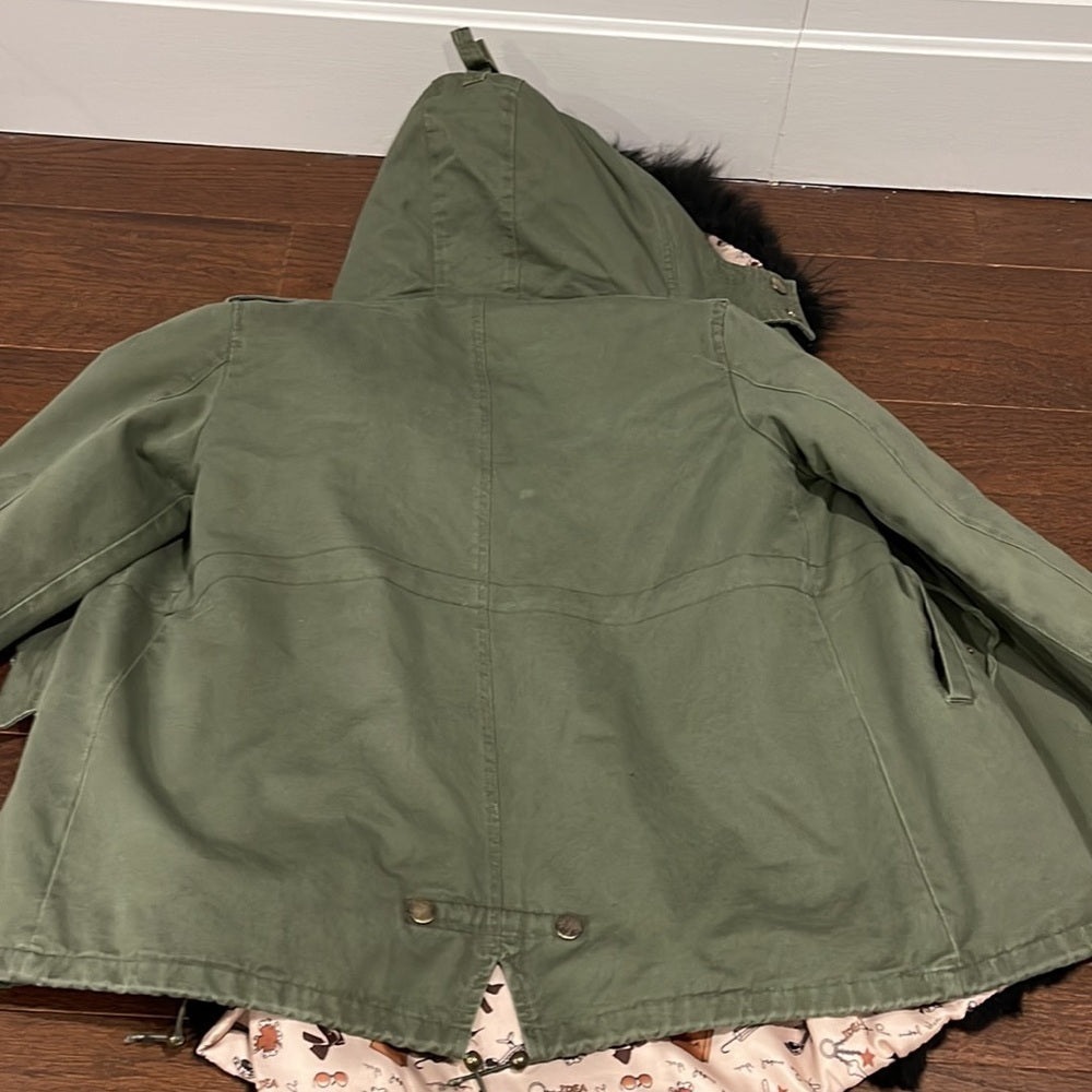 Chloe K New York Girls Army Green Hooded Jacket Fur Inside Size 12