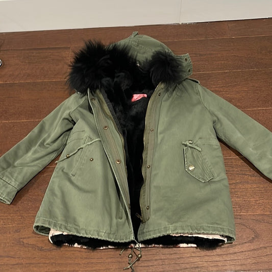 Chloe K New York Girls Army Green Hooded Jacket Fur Inside Size 12