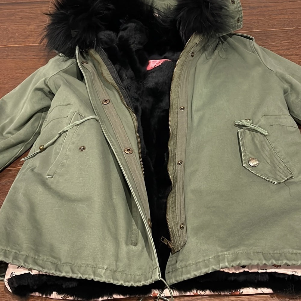 Chloe K New York Girls Army Green Hooded Jacket Fur Inside Size 12