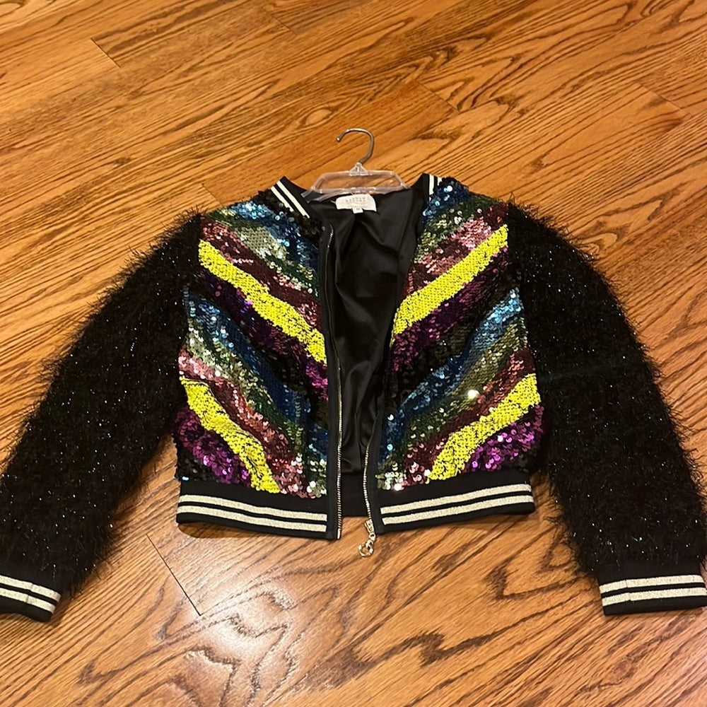 Hannah Banana Girl’s Sequin Jacket with Faux Fur Sleeves Size 14