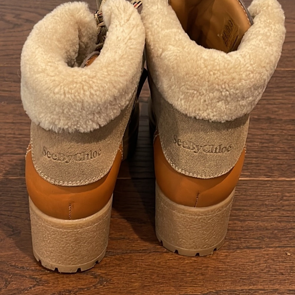 See by Chloe Taupe/Grey/Beige Crosta Genuine ShearlingTrimmed Boot Size 36/6