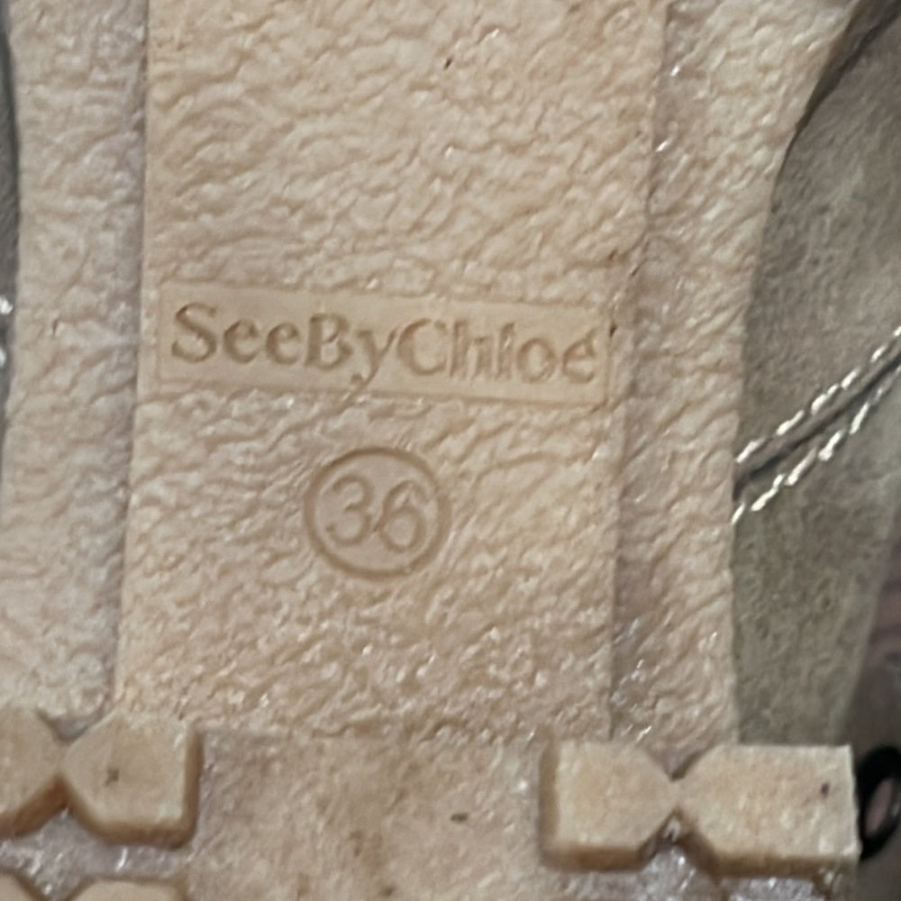 See by Chloe Taupe/Grey/Beige Crosta Genuine ShearlingTrimmed Boot Size 36/6