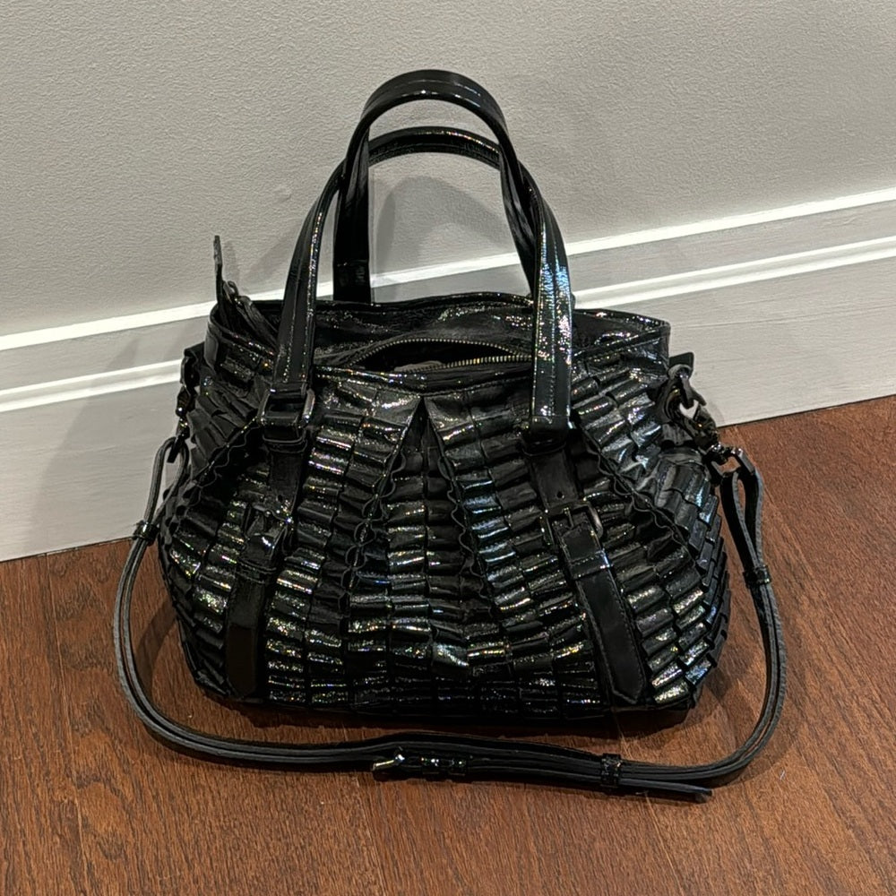 BURBERRY Black Patent Leather Cartridge Pleated Large Lowry Tote Bag