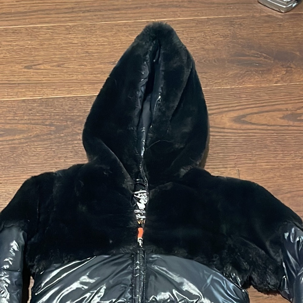 Save The Duck Girls Black Faux Fur Hooded Puffer Size 4