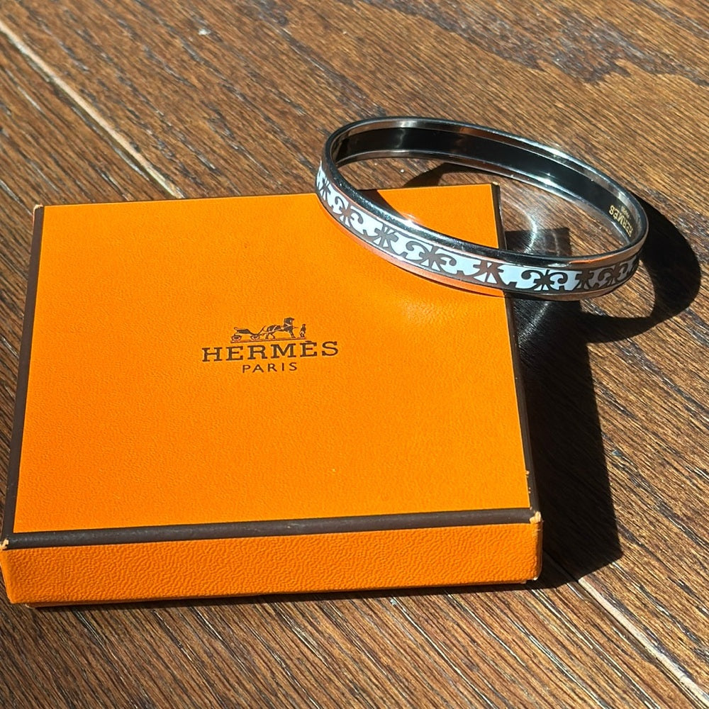 Hermes Silver and Grey Enamel Thin Bangle Bracelet