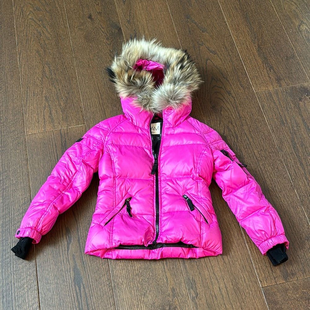 SAM Girls Pink Fur Hooded Down Puffer Jacket Size 6