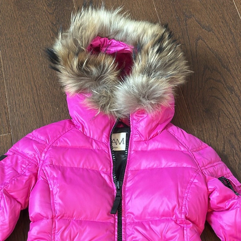 SAM Girls Pink Fur Hooded Down Puffer Jacket Size 6