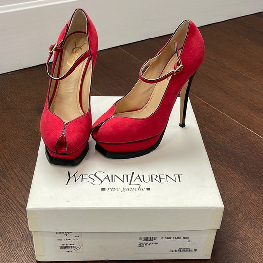 Yves Saint Laurent Red Suede Peep Toe Pumps Size 35/5