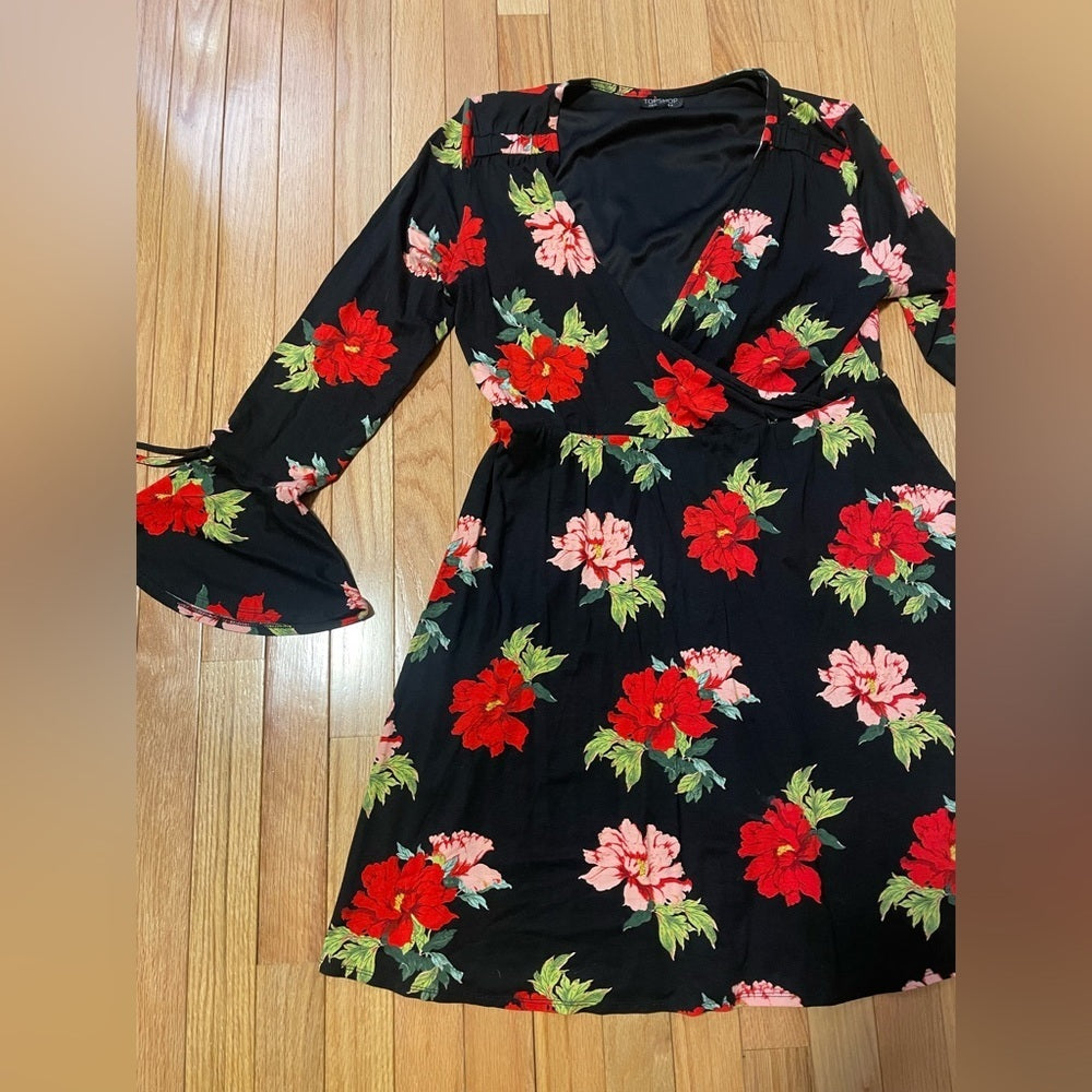 Top Shop Black and Red Floral Dress Size 12