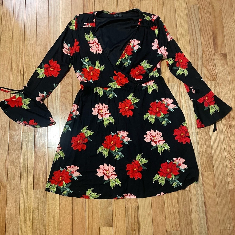 Top Shop Black and Red Floral Dress Size 12