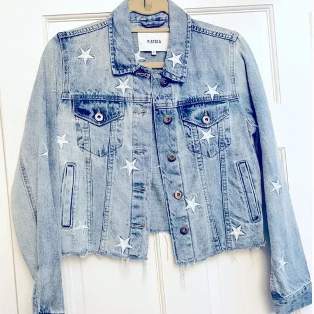 NWOT Pistola Women’s Jean Jacket with White Stars Size Small