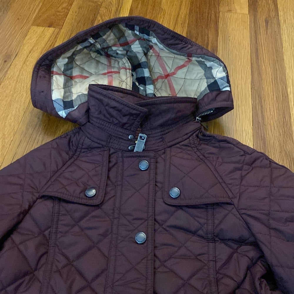 Burberry Girls Maroon Hooded Quilted Jacket Size 6