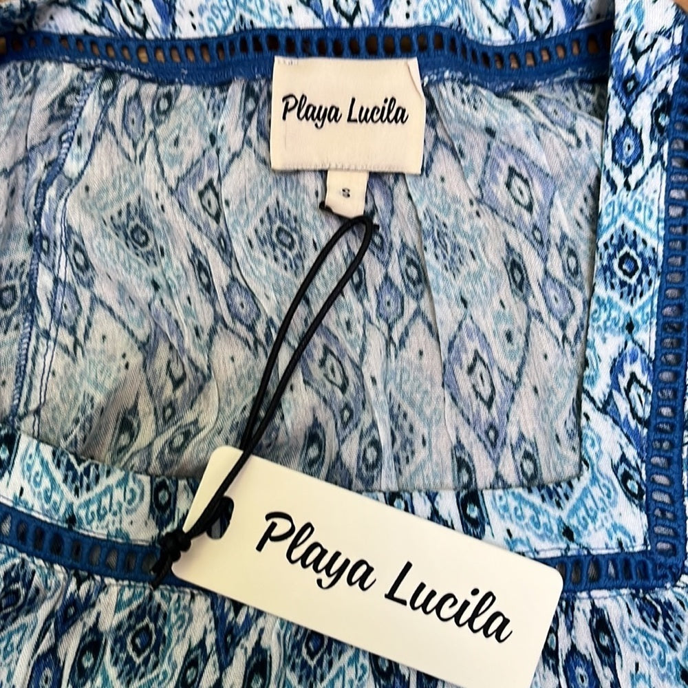 NWT Playa Lucila Women’s Long Flowy Blue Printed Top Size S