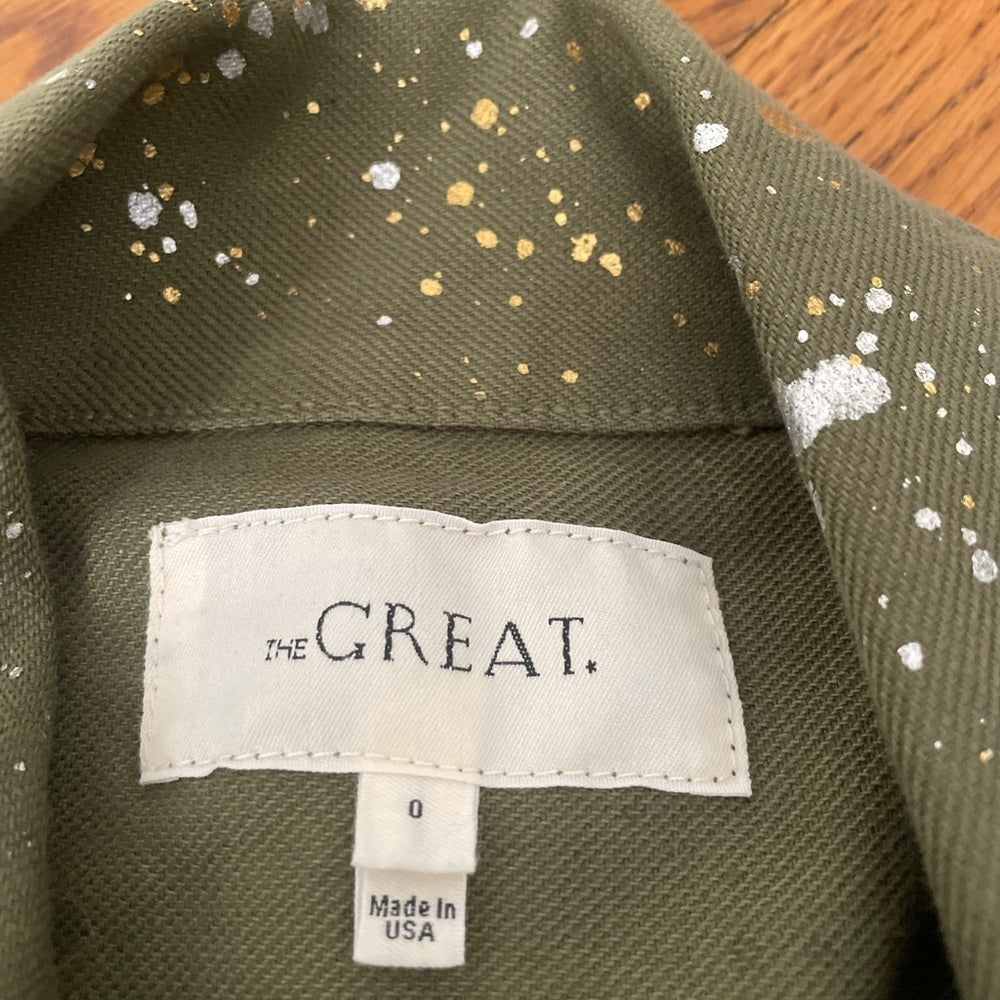 The GREAT. Green Splatter Paint Button Down Top Size 0