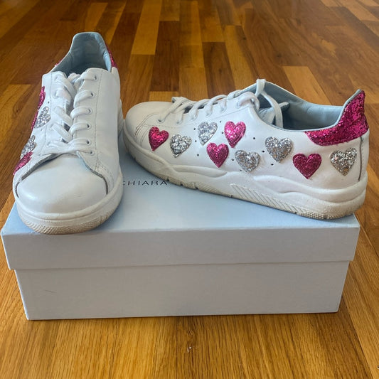 Chiara Ferragni Women’s White Sneakers With Pink Sequin Hearts Size 39