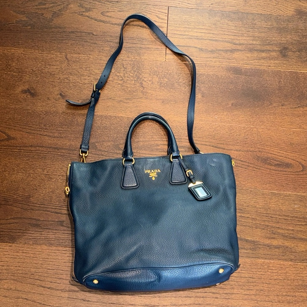 PRADA Vitello Daino Navy Tote Bag with Good Hardware