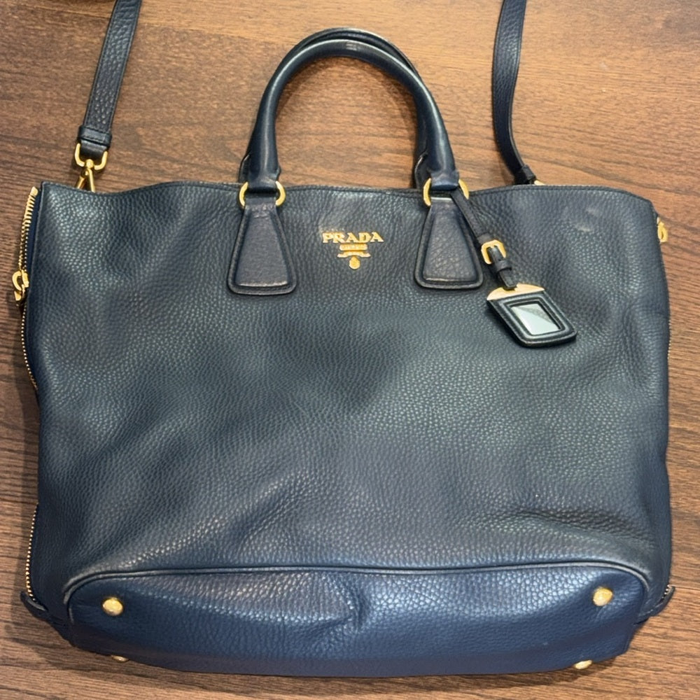 PRADA Vitello Daino Navy Tote Bag with Good Hardware