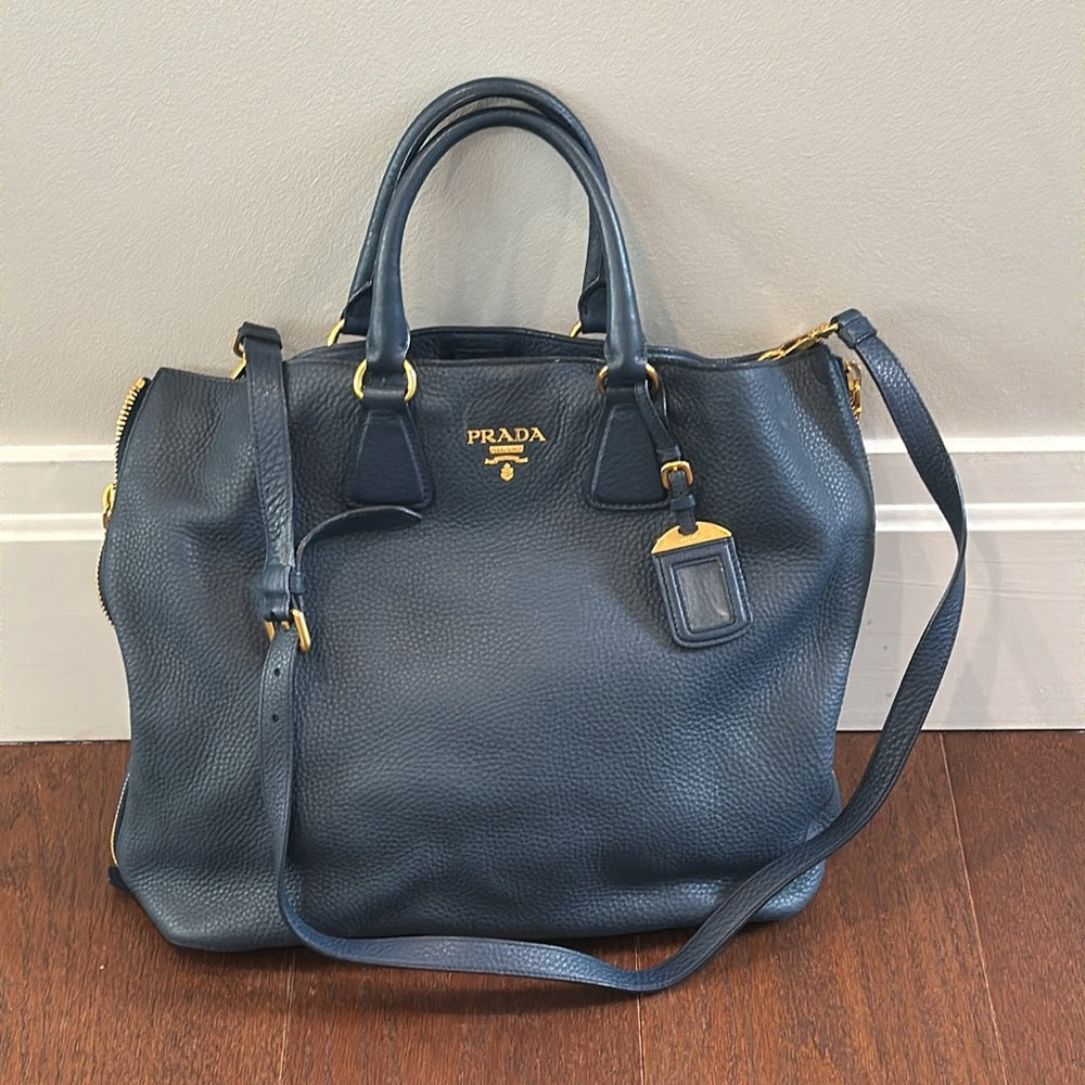 PRADA Vitello Daino Navy Tote Bag with Good Hardware