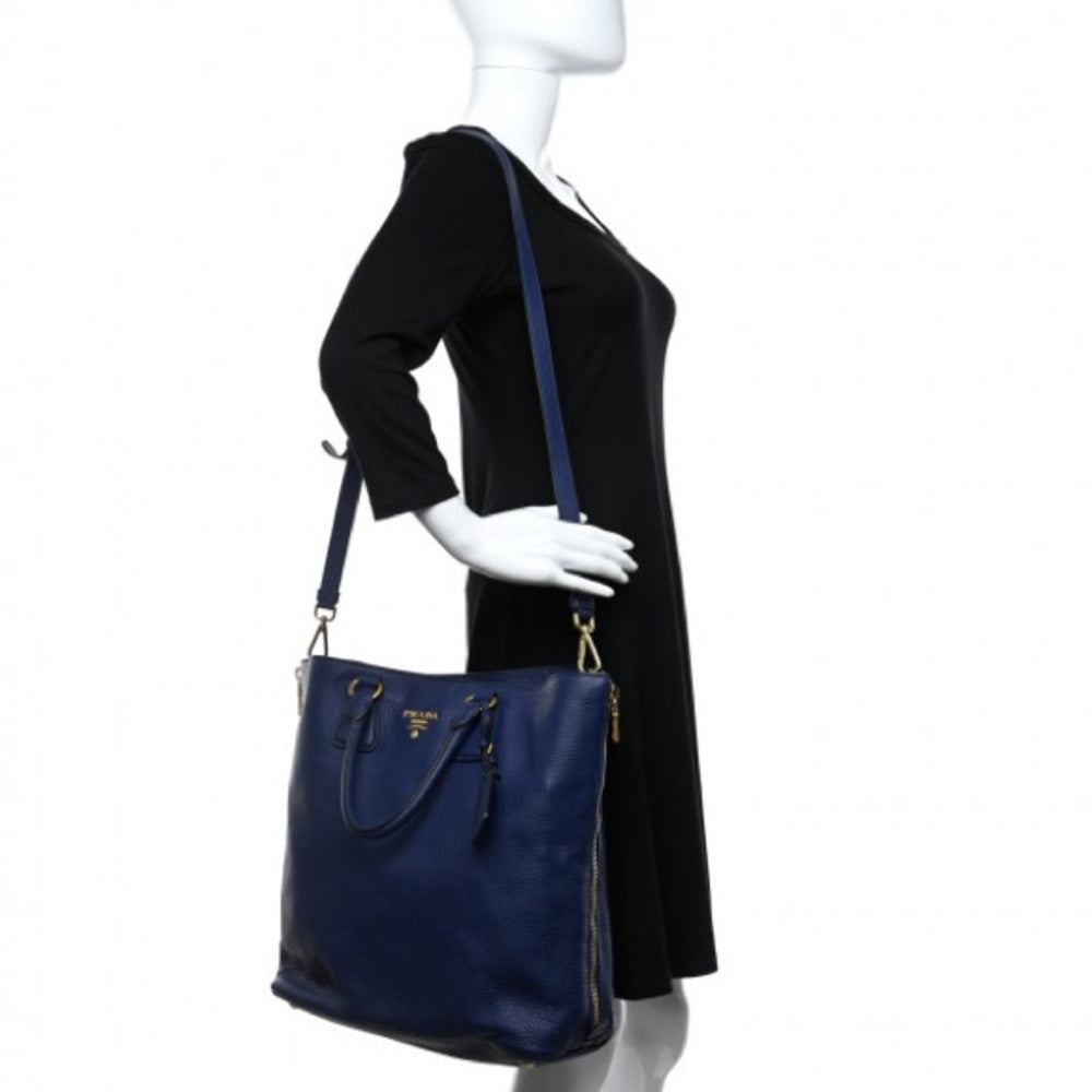 PRADA Vitello Daino Navy Tote Bag with Good Hardware