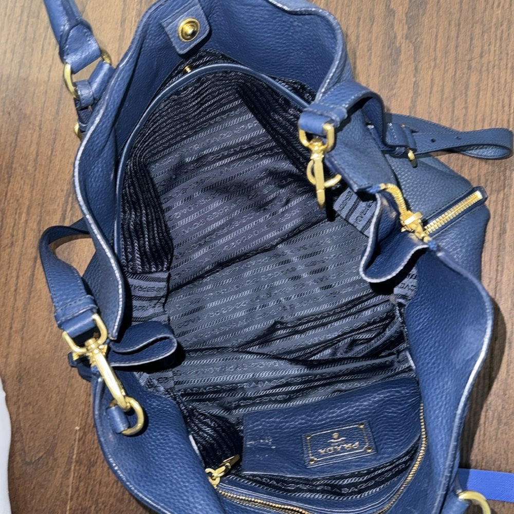 PRADA Vitello Daino Navy Tote Bag with Good Hardware