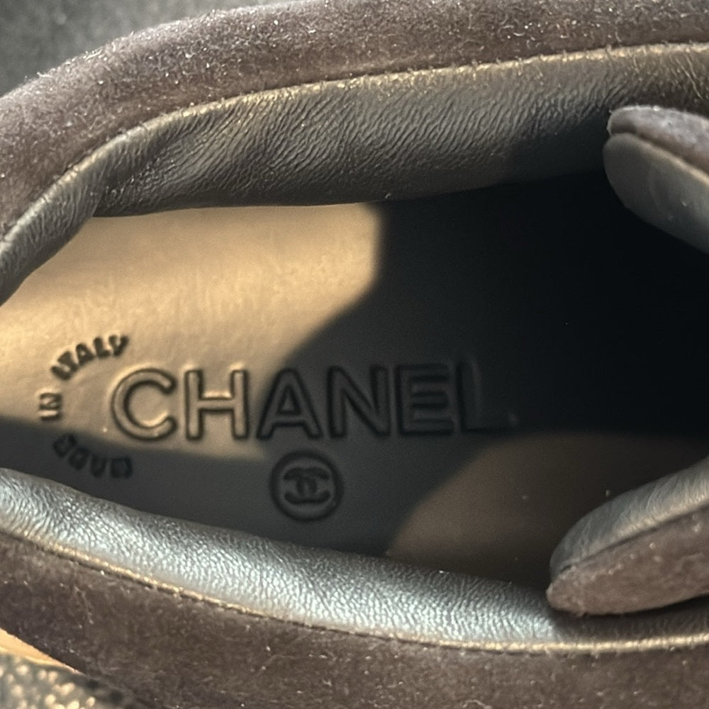 Chanel Women’s Brown Suede Sneakers with Logo Velcro Strap Size 37.5 / 7.5