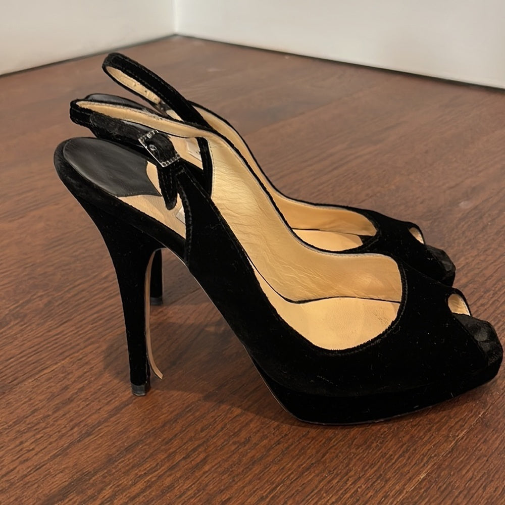 Jimmy Choo Women’s Black Velvet Peep Toe Sling Back Heels Size 38/8