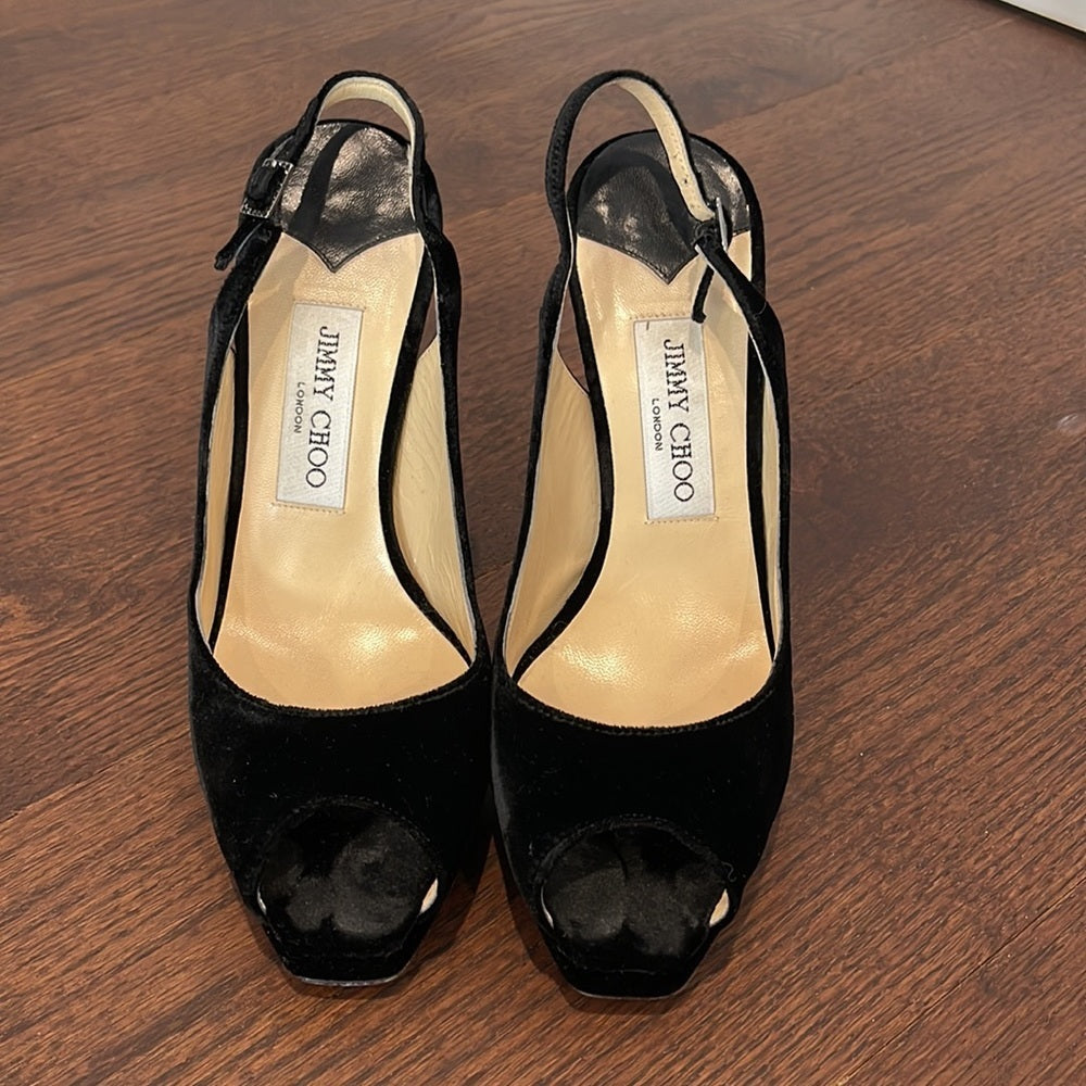 Jimmy Choo Women’s Black Velvet Peep Toe Sling Back Heels Size 38/8