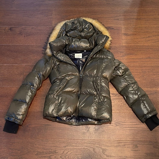 S13 Women’s Army Green Fur Hooded Puffer Jacket Size Large