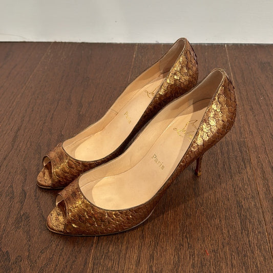 Christian Louboutin Women’s Gold/Copper Skin Peep Toe Pumps Size 40.5/10.5