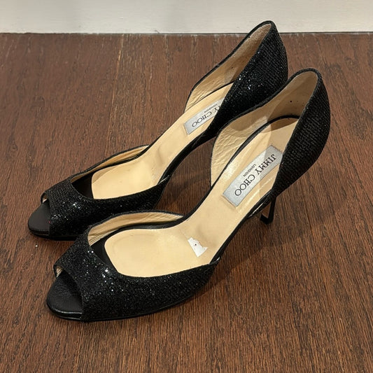 Jimmy Choo Black Sparkly Peep Toe Heels Size 39.5/9.5