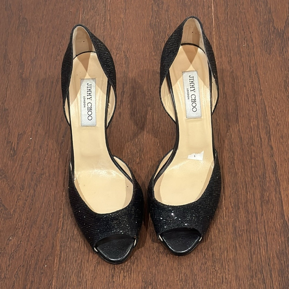 Jimmy Choo Black Sparkly Peep Toe Heels Size 39.5/9.5