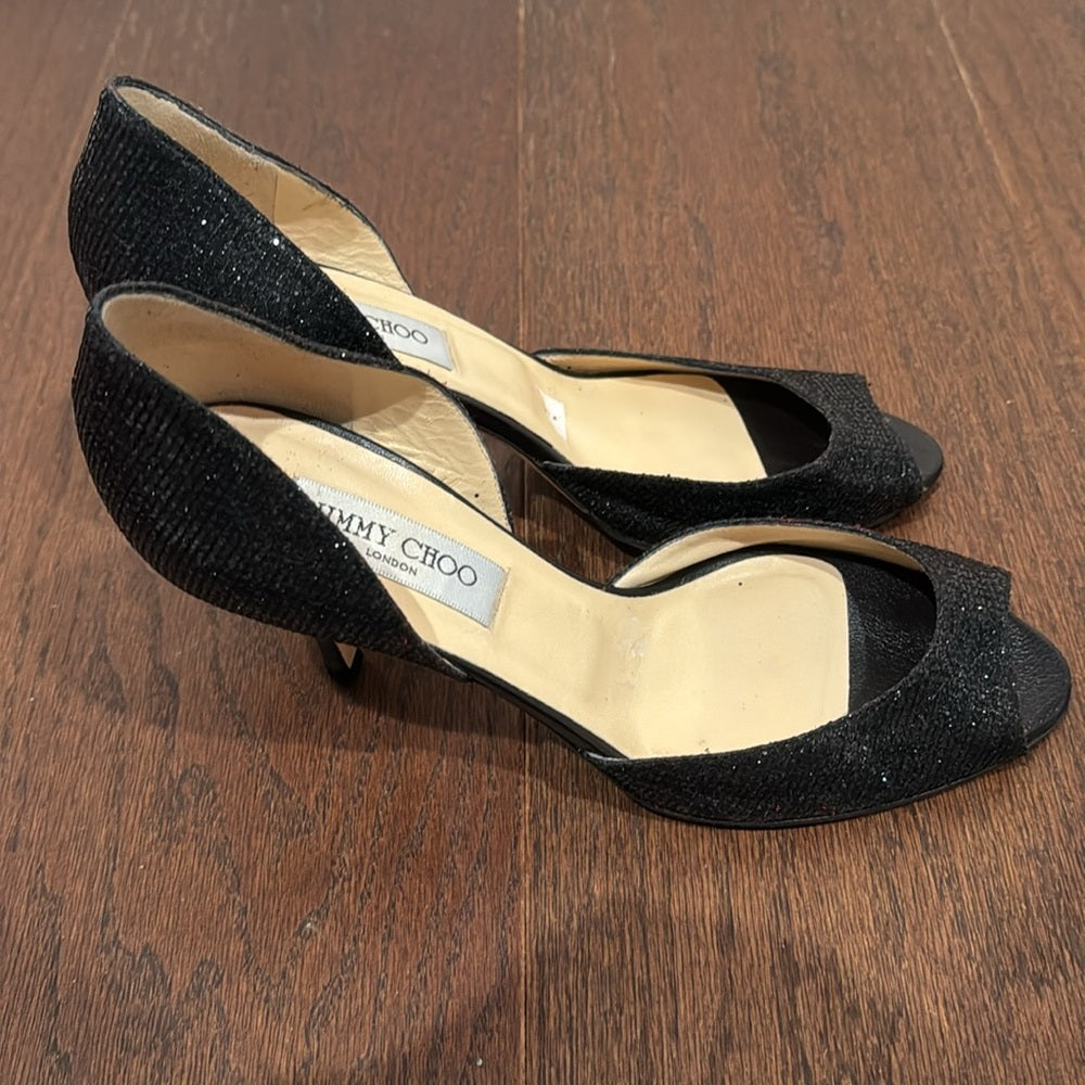 Jimmy Choo Black Sparkly Peep Toe Heels Size 39.5/9.5