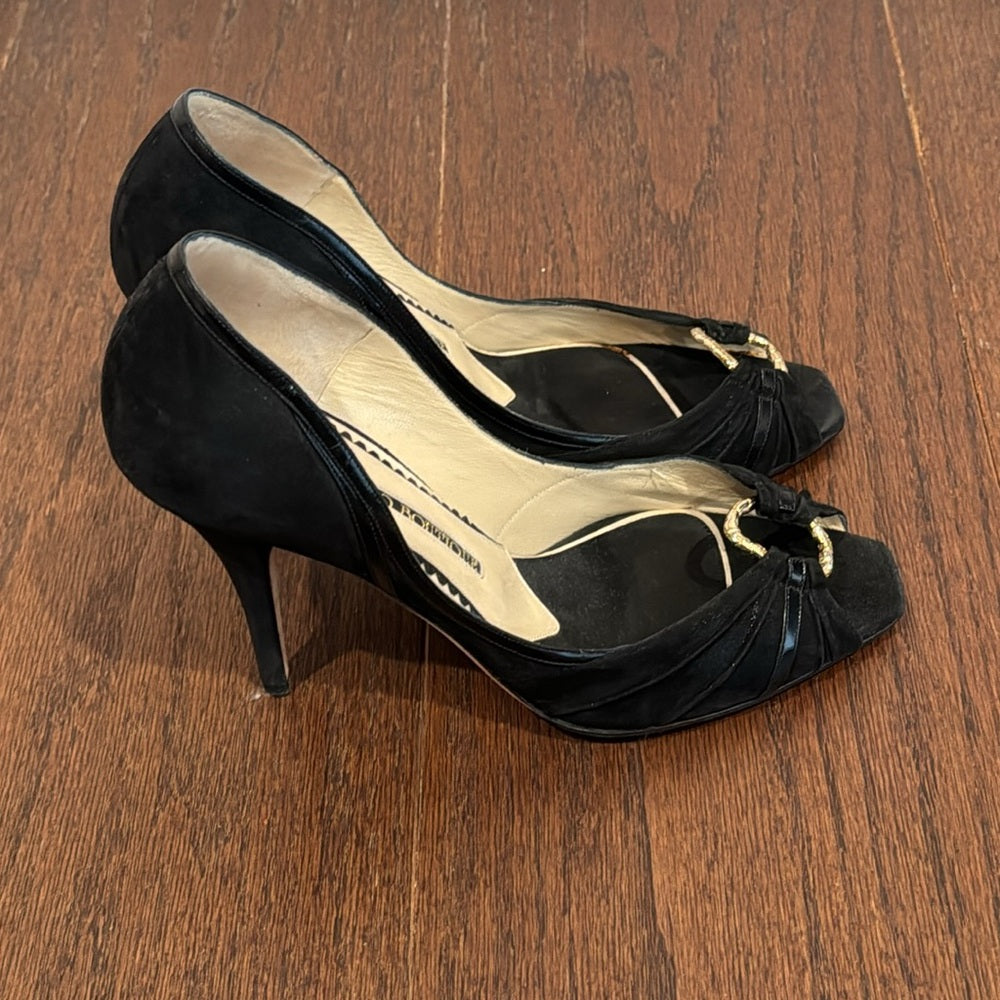 Jimmy Choo Boutique Black Suede Peep Toe Pumps Size 40.5/0.5