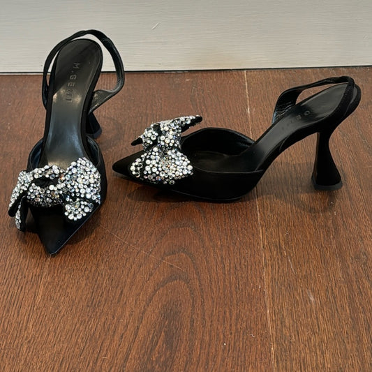 NWT M. Gemi The Mia Fiocco Black Suede Crystal Bow Sling Back Heels Size 38/7.5