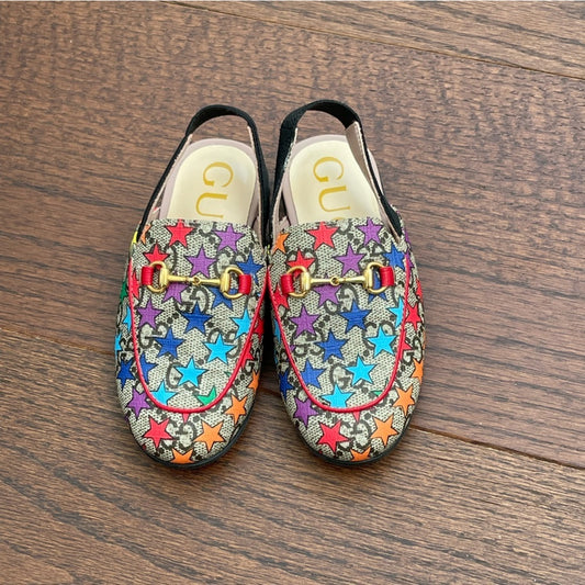 Gucci Girls Princetown GG Supreme Rainbow Star Horsebit Mule Slide Size 24/8