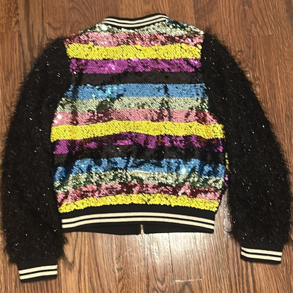 Hannah Banana Girls Rainbow Sequin Jacket With Black Sleeves, Size 12