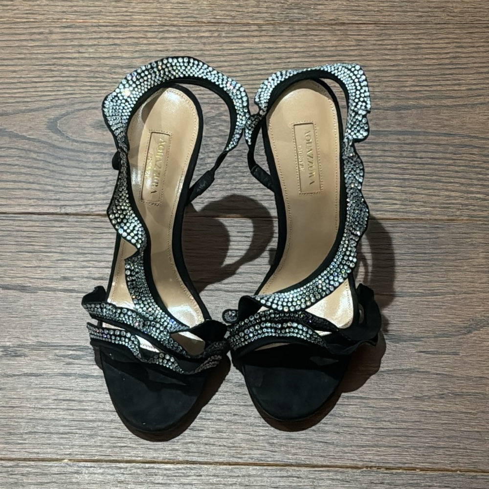 NWT Aquazzura Ruffle Black Suede Crystal Sandal Size 37.5/7.5