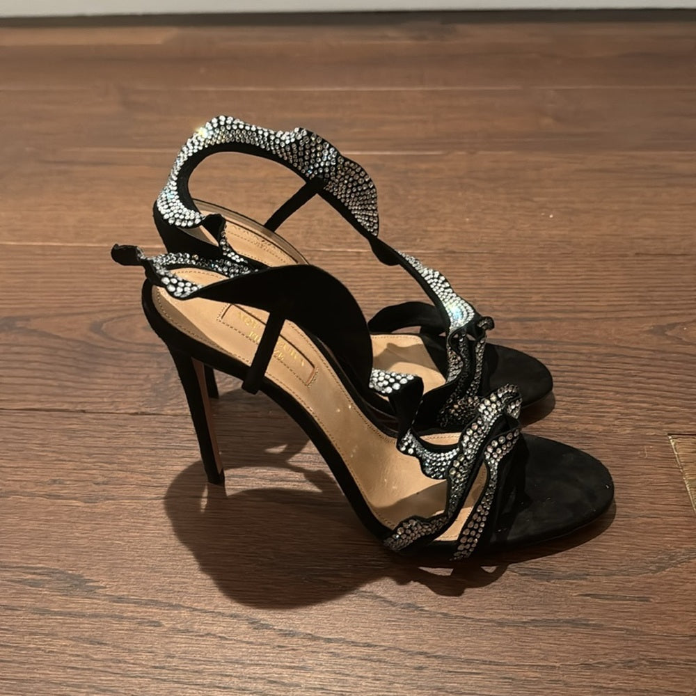 NWT Aquazzura Ruffle Black Suede Crystal Sandal Size 37.5/7.5