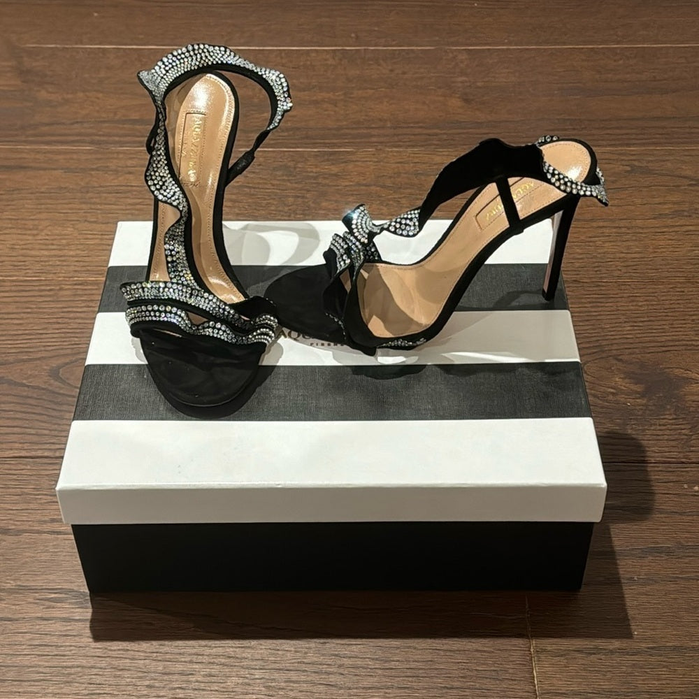 NWT Aquazzura Ruffle Black Suede Crystal Sandal Size 37.5/7.5