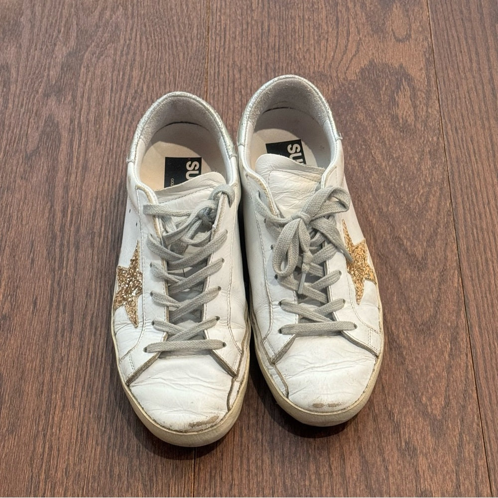 Golden Goose White Super Star Gold Glitter Stars Sneakers Size 37/7