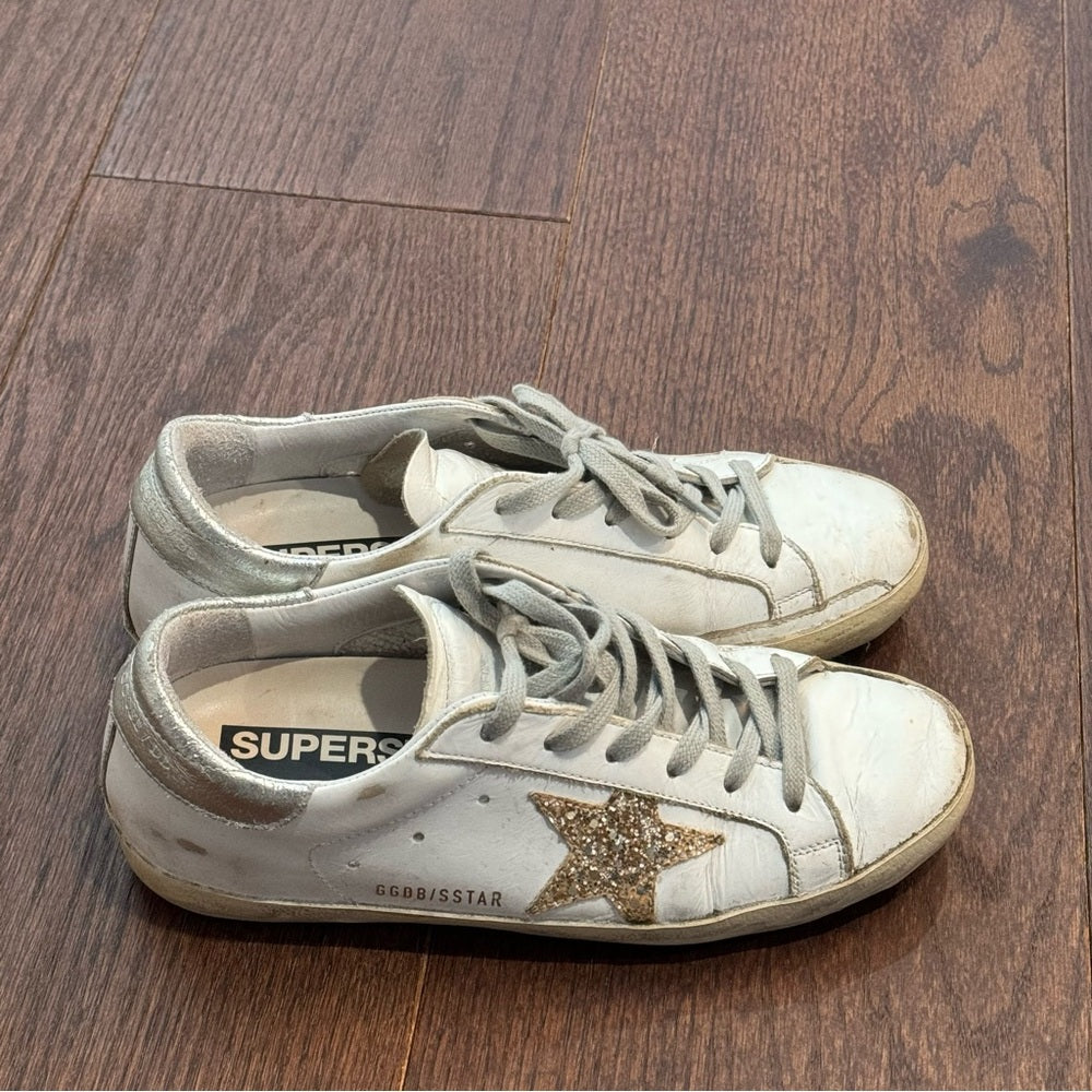 Golden Goose White Super Star Gold Glitter Stars Sneakers Size 37/7