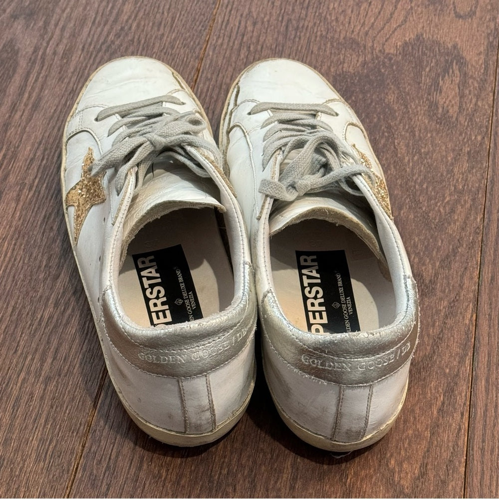 Golden Goose White Super Star Gold Glitter Stars Sneakers Size 37/7