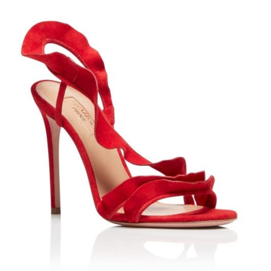 NWT Aquazzura Ruffle Red Lipstick Suede Sandal Size 37.5/7.5