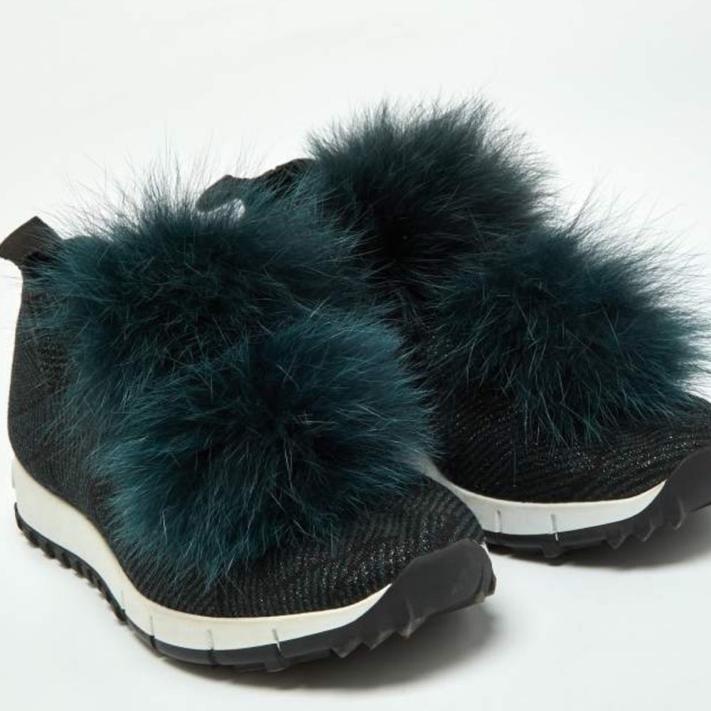 Jimmy Choo Deep Green Knit & Fur Pom Pom Norway Slip On Sneakers Size 37.5/7.5