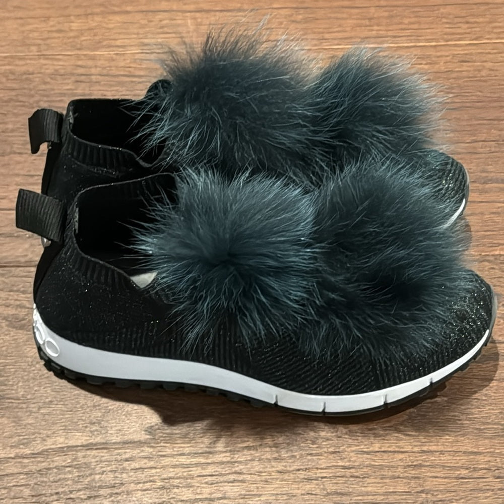 Jimmy Choo Deep Green Knit & Fur Pom Pom Norway Slip On Sneakers Size 37.5/7.5