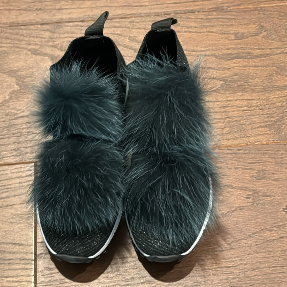 Jimmy Choo Deep Green Knit & Fur Pom Pom Norway Slip On Sneakers Size 37.5/7.5