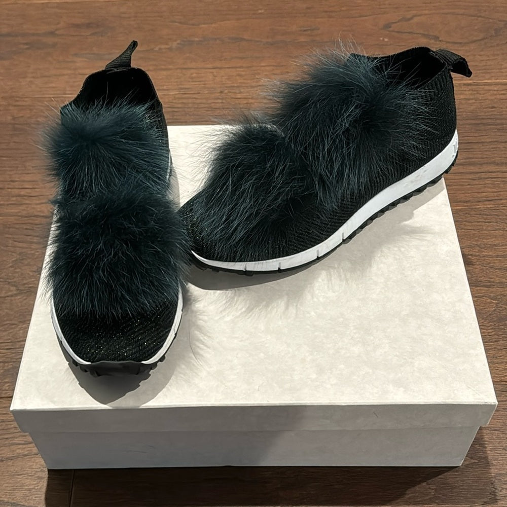 Jimmy Choo Deep Green Knit & Fur Pom Pom Norway Slip On Sneakers Size 37.5/7.5