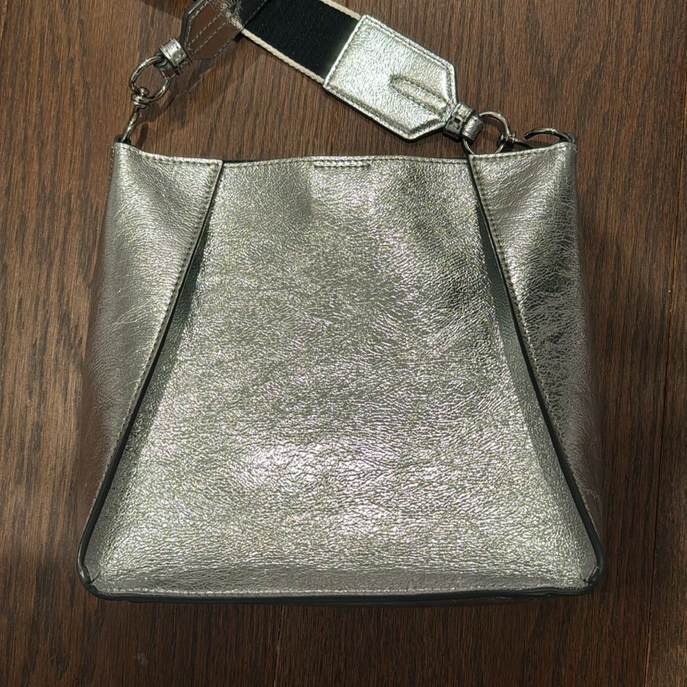 STELLA MCCARTNEY Metallic Eco Alter Nappa Embroidered Logo Crossbody Bag Silver